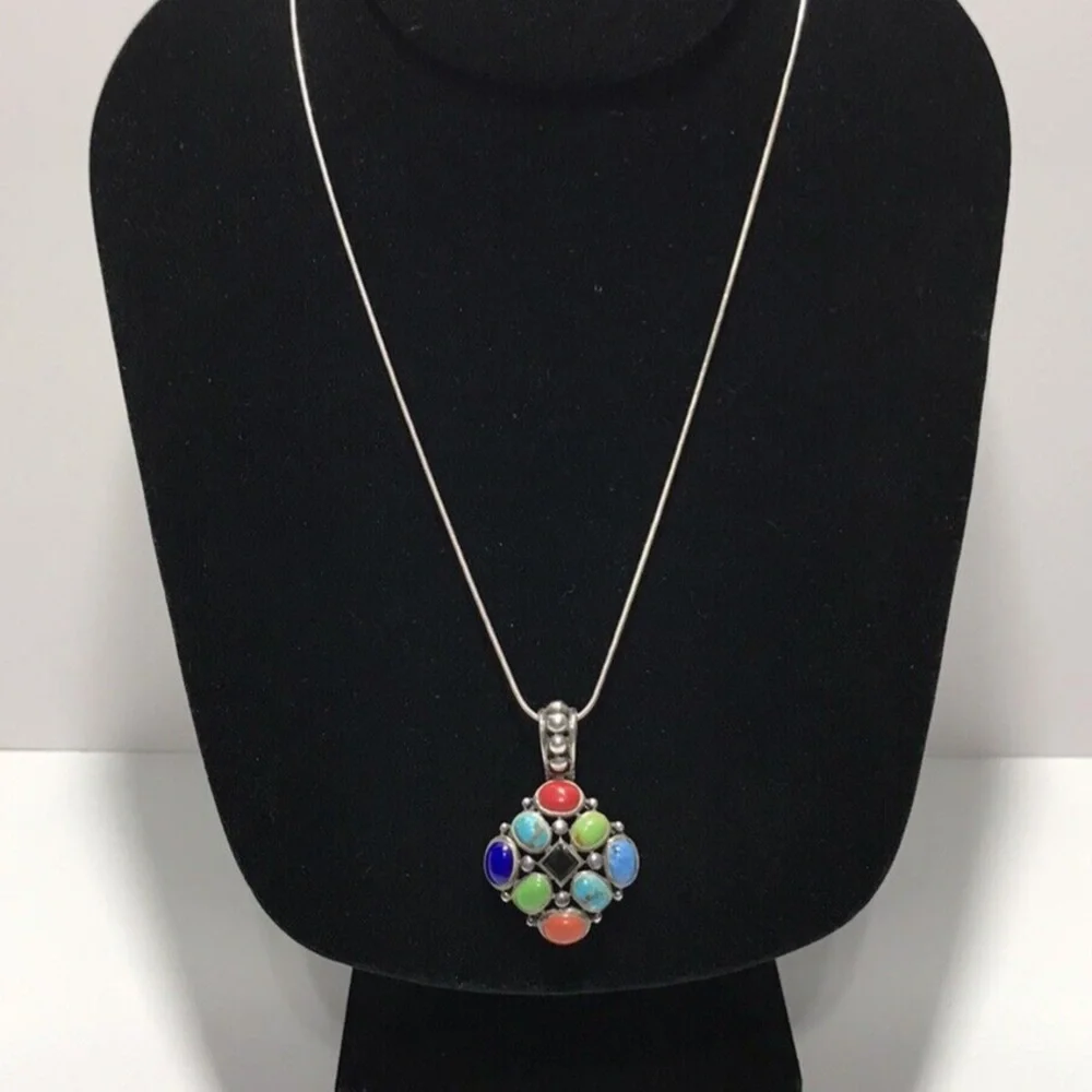 N126 925 Sterling Silver Authentic Gemstones and Onyx Center Pendant Necklace - Picture 4 of 6